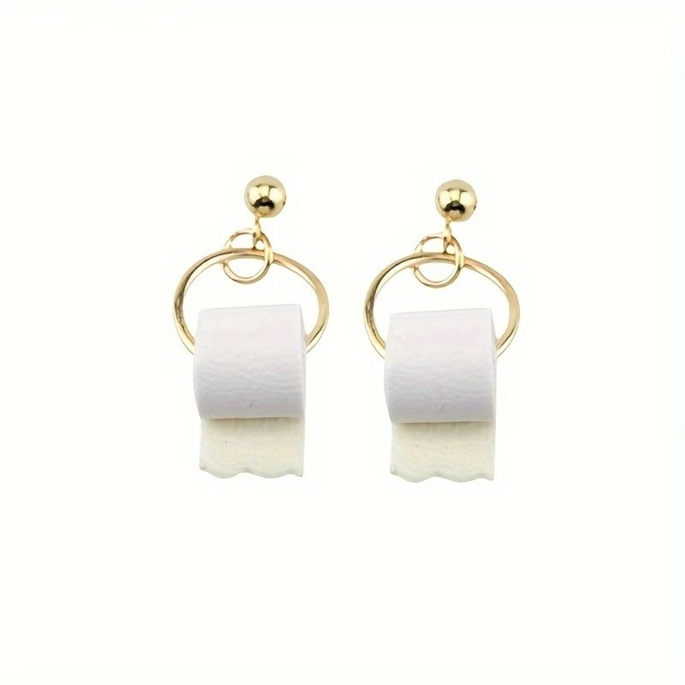 Funny Toilet Paper Roll Dangle Earrings Gold Tone Novelty Gag Gift Jewelry